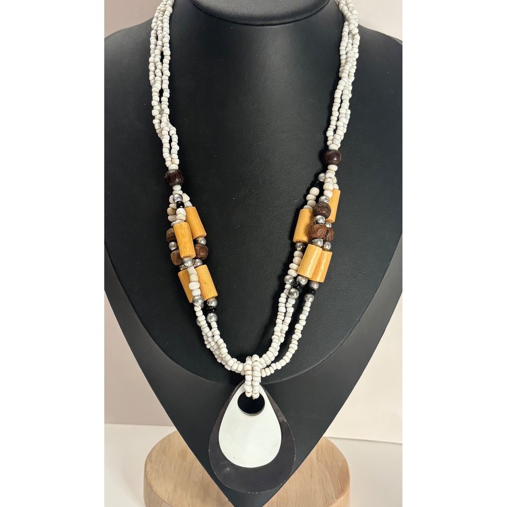 Vintage 1970s Wood & Glass Seed Bead  Boho Necklace Teardrop Pendant 20"